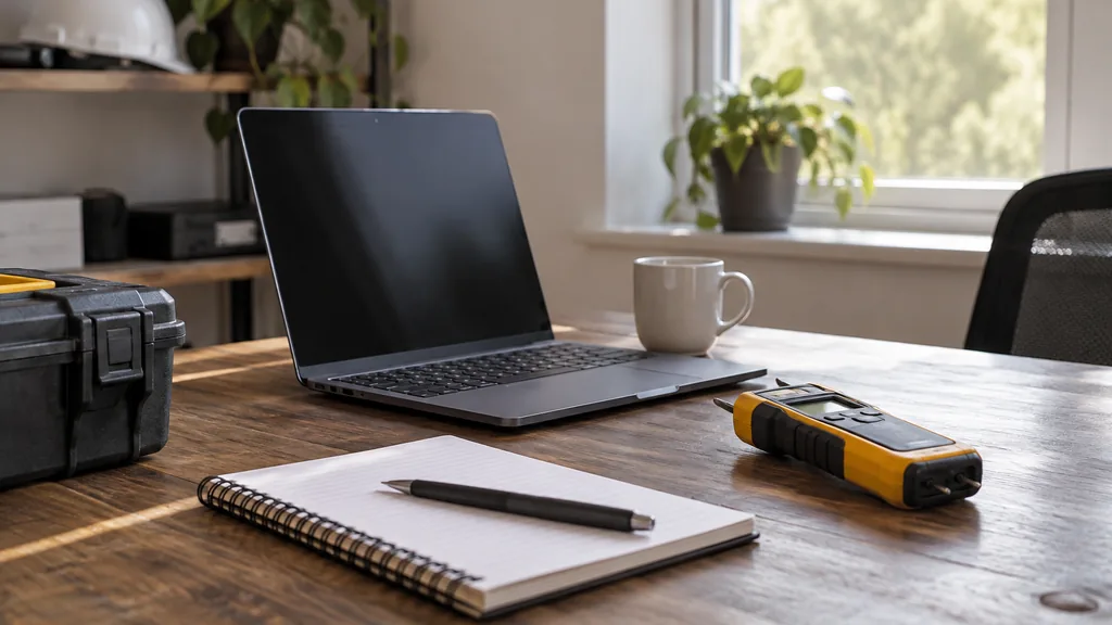 An empty restoration company office: a small restoration company office with a laptop showing no readable text, a notebook, a coffee mug and a moisture meter on a wooden desk by a window