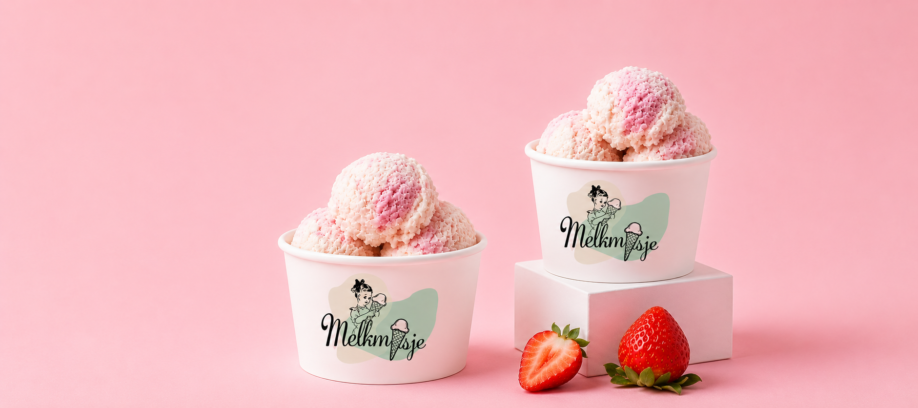 Two cups of strawberry ice cream with Melkmijsje logo and fresh strawberries on pink background.