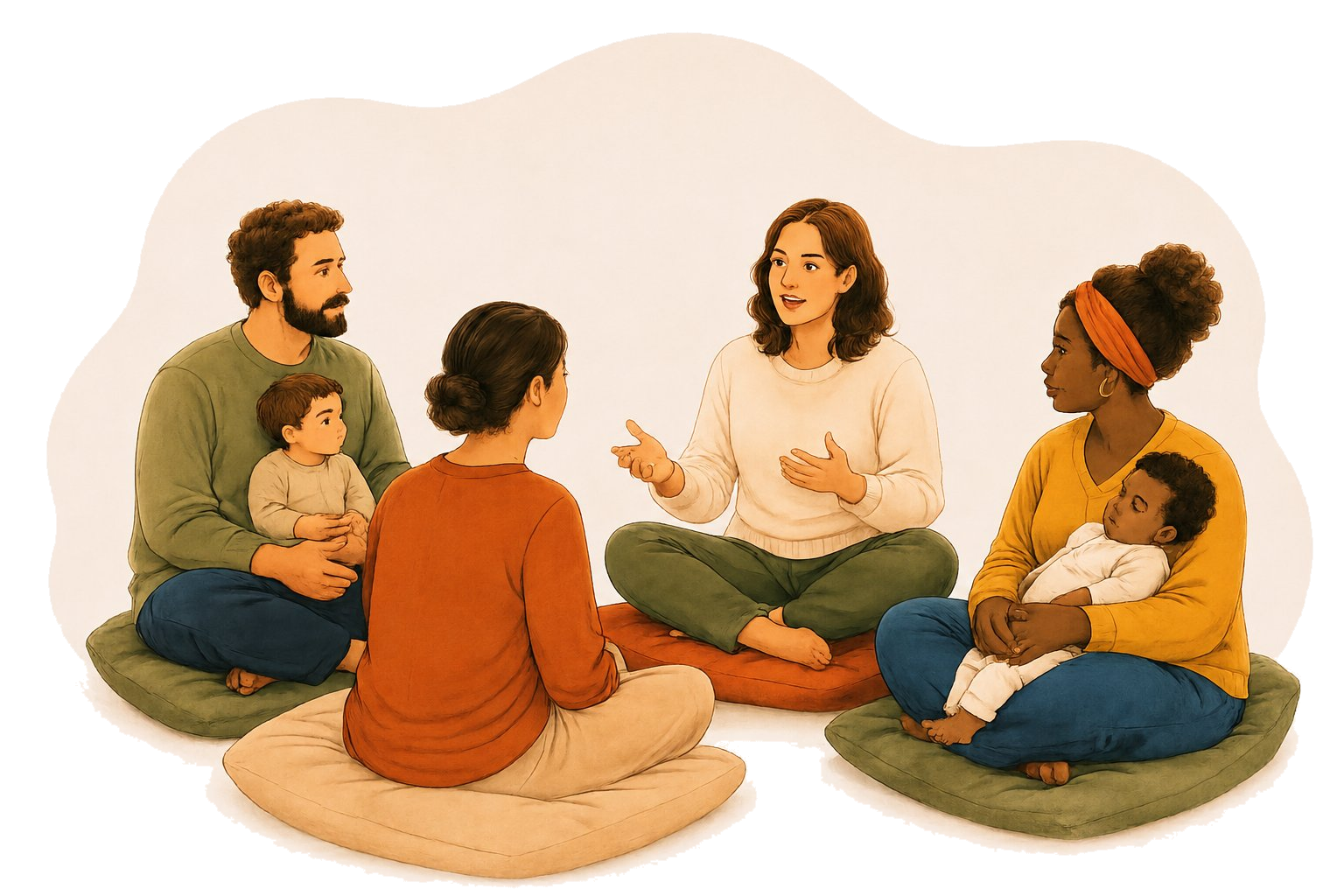 Illustration of parents and babies sitting together in a warm group circle, representing the Grounded Beginning's community