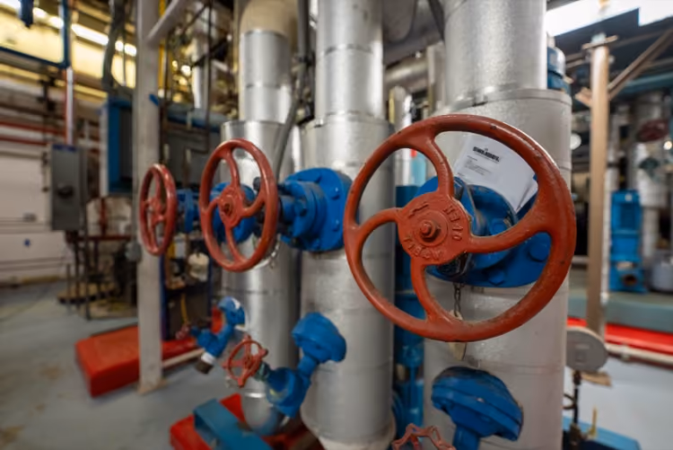 Industrial process piping with valves in a mechanical room
