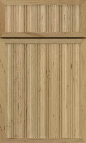 Wood cabinet door with narrow vertical grooves and rectangular framed panels top and bottom.