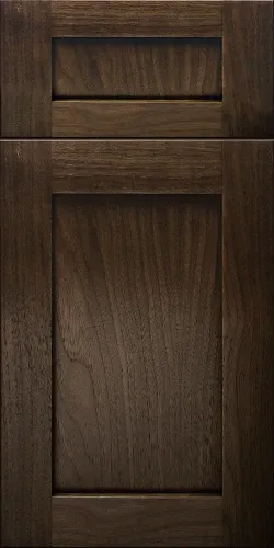 Dark wood cabinetry with two panel doors, featuring horizontal and vertical wood grain patterns.