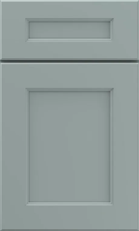 Gray cabinet door with a rectangular panel and a smaller matching panel above it.