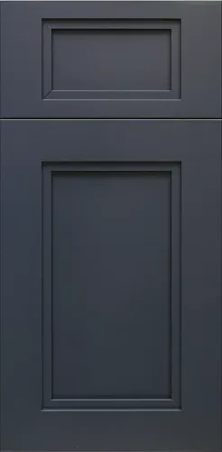 Dark gray cabinet door with one small rectangular panel above a larger rectangular panel.