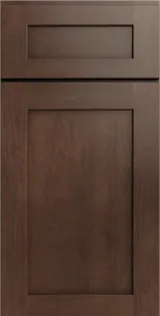 Dark brown wooden shaker style kitchen cabinet door with two recessed panels.
