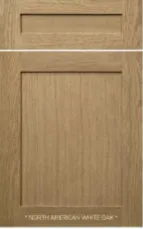 Wood cabinet door panel sample labeled North American white oak with light brown grain.