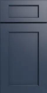 Dark blue kitchen cabinet door with two rectangular recessed panels.