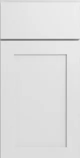 White shaker-style kitchen cabinet door with recessed center panel and simple frame.