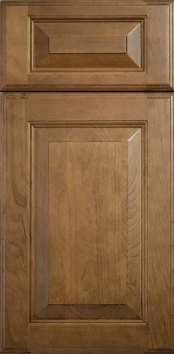 Close-up of a wooden cabinet door with two raised panel sections and natural wood grain.