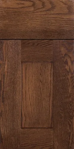 Dark brown wood cabinet door panel with natural grain and rectangular recessed center.