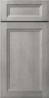 Gray wooden cabinet door with raised panel design and wood grain texture.