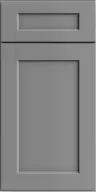 Gray cabinet door with a recessed rectangular panel and a horizontal handle slot.