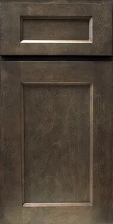 Dark wooden kitchen cabinet door with rectangular recessed panel design.