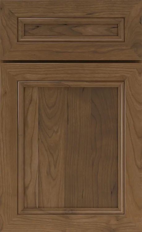 Traditional-style mid-century wooden cabinet door with raised panel design in brown wood grain.
