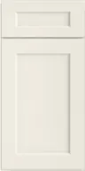Cream-colored shaker style cabinet door with one narrow top panel and one large bottom panel.