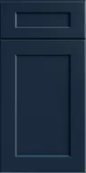 Close-up of a dark blue cabinet door with rectangular recessed panels and smooth finish.