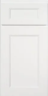 White kitchen cabinet door with a recessed panel design and simple molding.