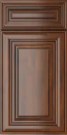 Dark wood cabinet door with raised panel and ornate molding details.
