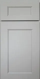 Gray shaker-style kitchen cabinet door with a recessed panel and clean lines.