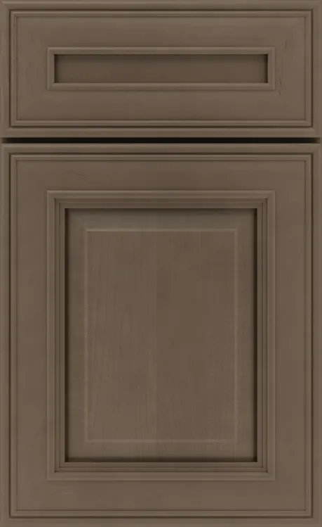 Brown rectangular cabinet door with raised panel design and an upper drawer front.