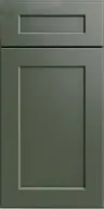 Grey-green cabinet door with a rectangular recessed panel and a horizontal handle slot.