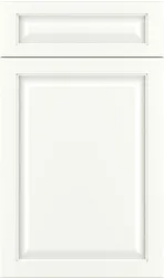 White cabinet door with a raised panel design and a smaller top panel.