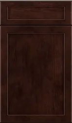 Dark brown wooden cabinet door with a rectangular raised panel design.