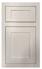 Light gray cabinet door with two recessed panel sections, one small above one large.