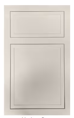 Beige cabinet door with two inset panels: a smaller rectangle above a larger square panel.