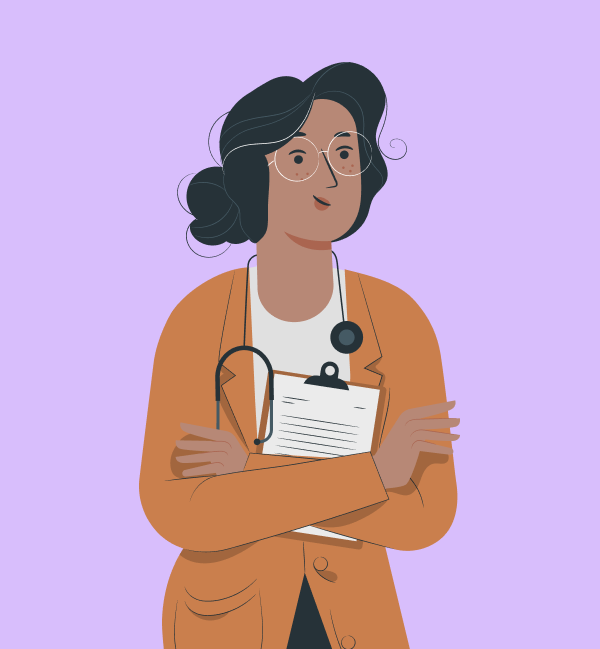 Illustration of a female doctor with glasses, a stethoscope, and a clipboard against a purple background.