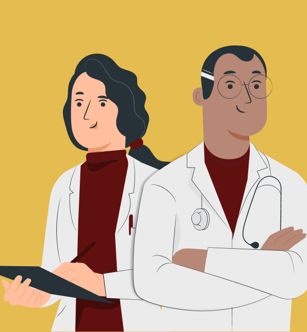 Two doctors in white coats, one holding a clipboard, the other with a stethoscope and glasses.