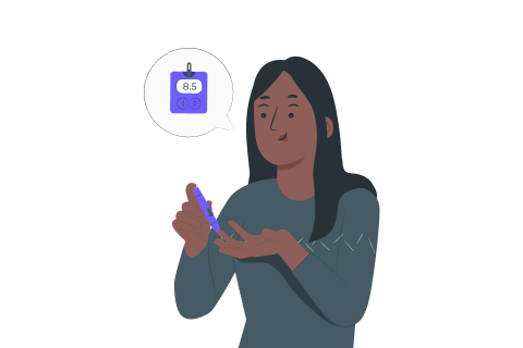 Woman checking blood sugar with a glucose meter showing a reading of 8.5.