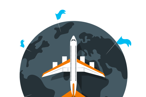 Top view of an airplane flying over a dark globe with blue location flags on continents.