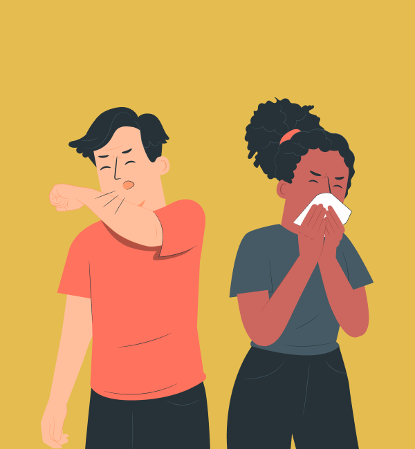 Man coughing into his elbow and woman blowing her nose into a tissue on a yellow background.