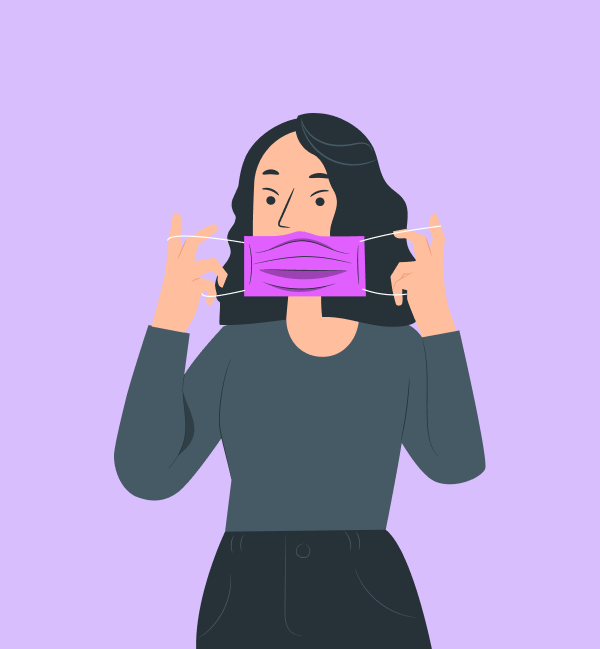 Illustration of a woman putting on a purple face mask against a purple background.