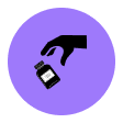 Hand holding a small black and white card or ticket against a purple circle background.