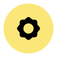 Black gear icon inside a yellow circle with a white border.