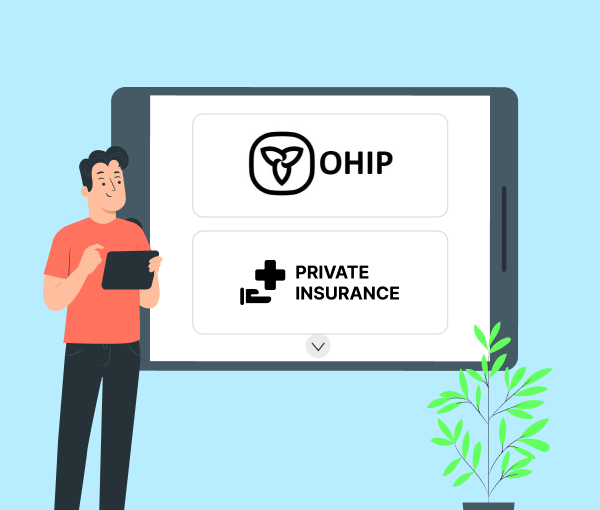 Man with tablet next to large screen showing OHIP and Private Insurance options with icons.