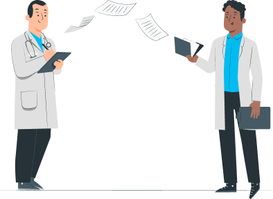 Two doctors exchanging prescription papers; one holds a clipboard, the other a folder.