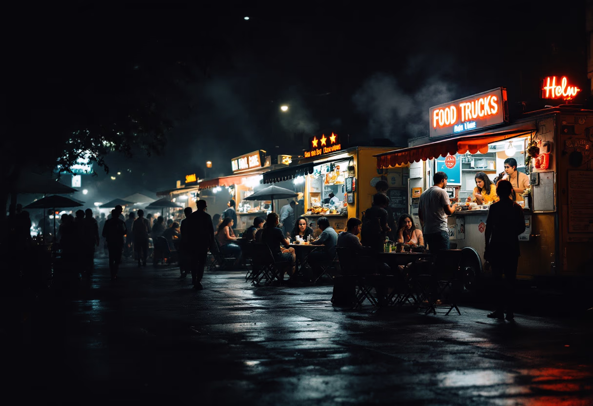 [background image] image of bustling food truck scene