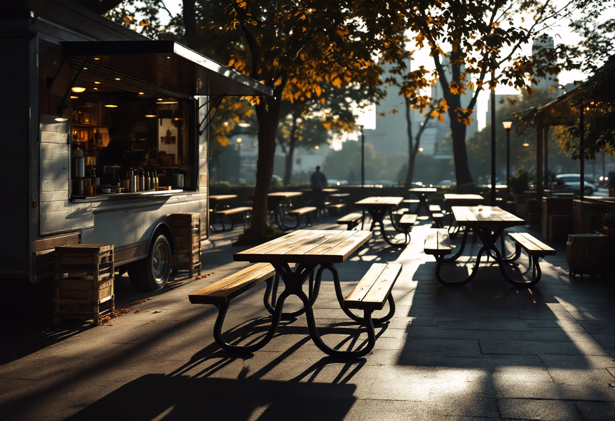[background image] image of an outdoor eating area (for a food truck)