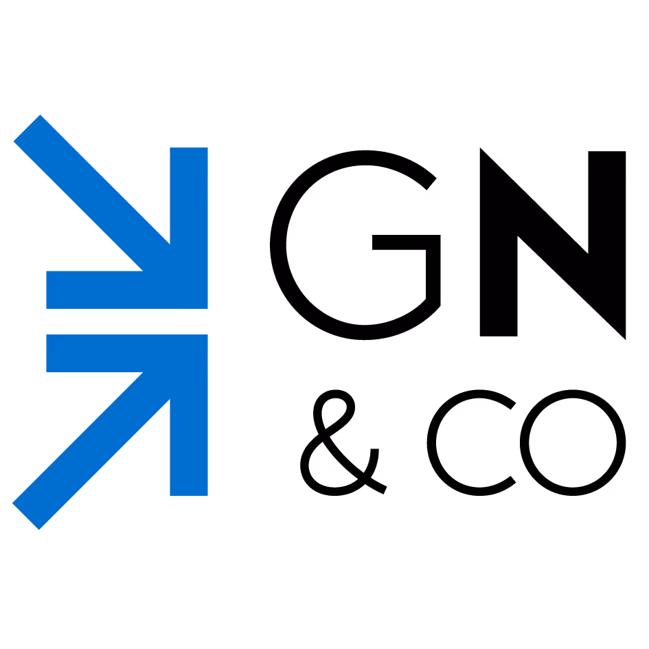 Logo with two blue arrows pointing inward and black text 'GN & CO'.