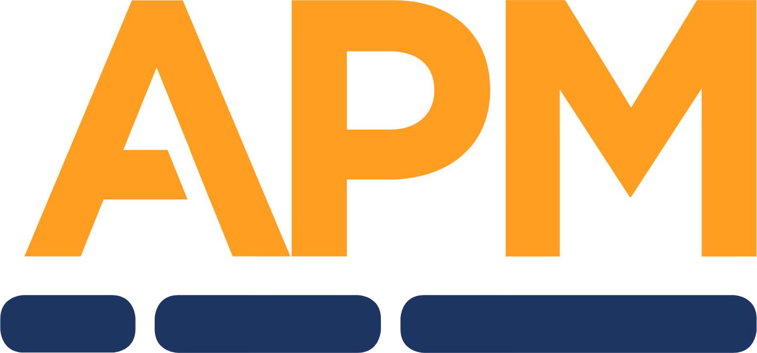 ADM logo with large orange letters above three blue rounded rectangles.