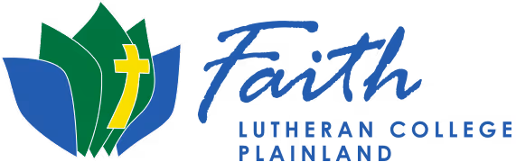 Faith Lutheran College Plainland logo with stylized green and blue leaves and a yellow cross.