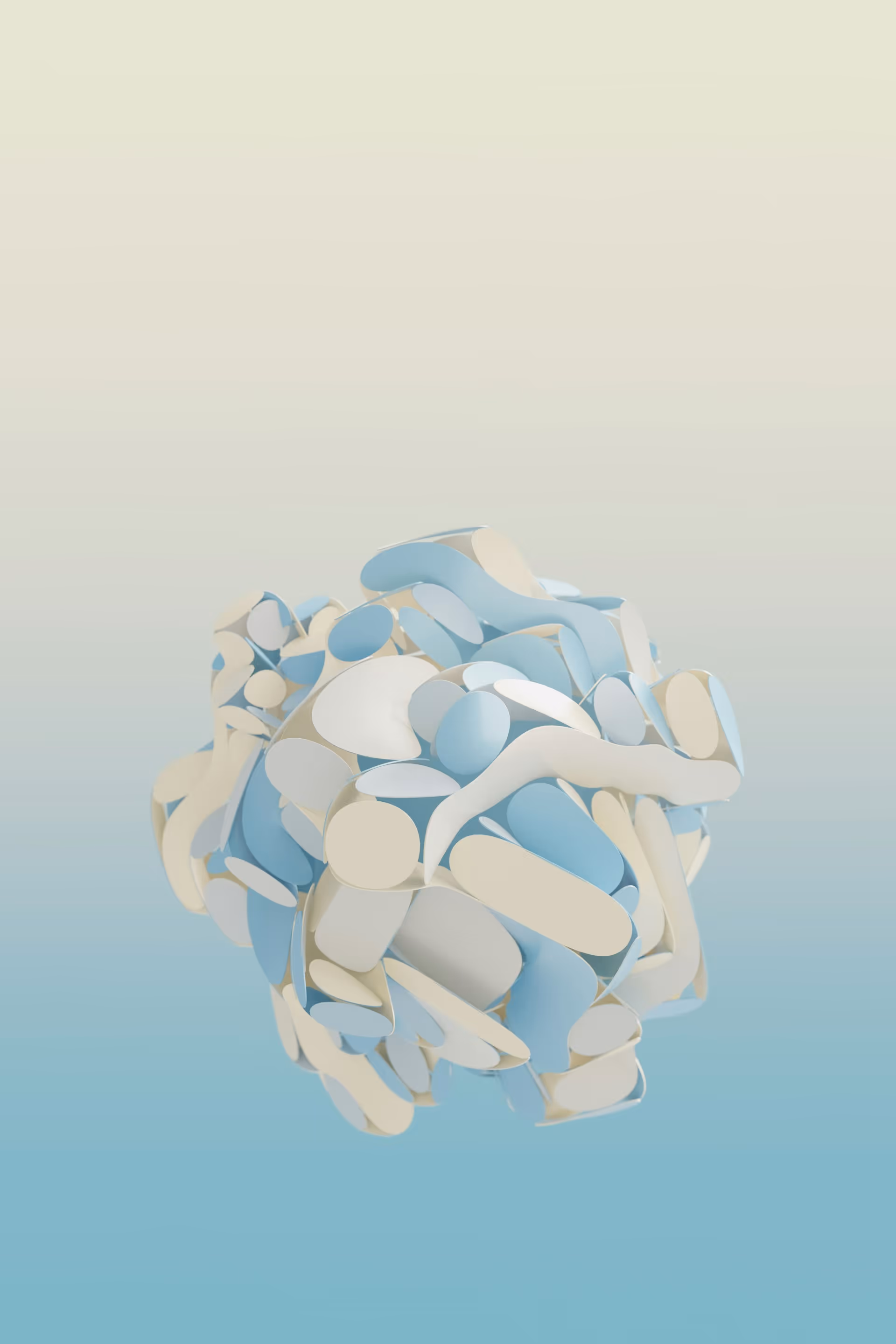 Abstract 3D cluster of curved shapes in white and blue floating against gradient background.