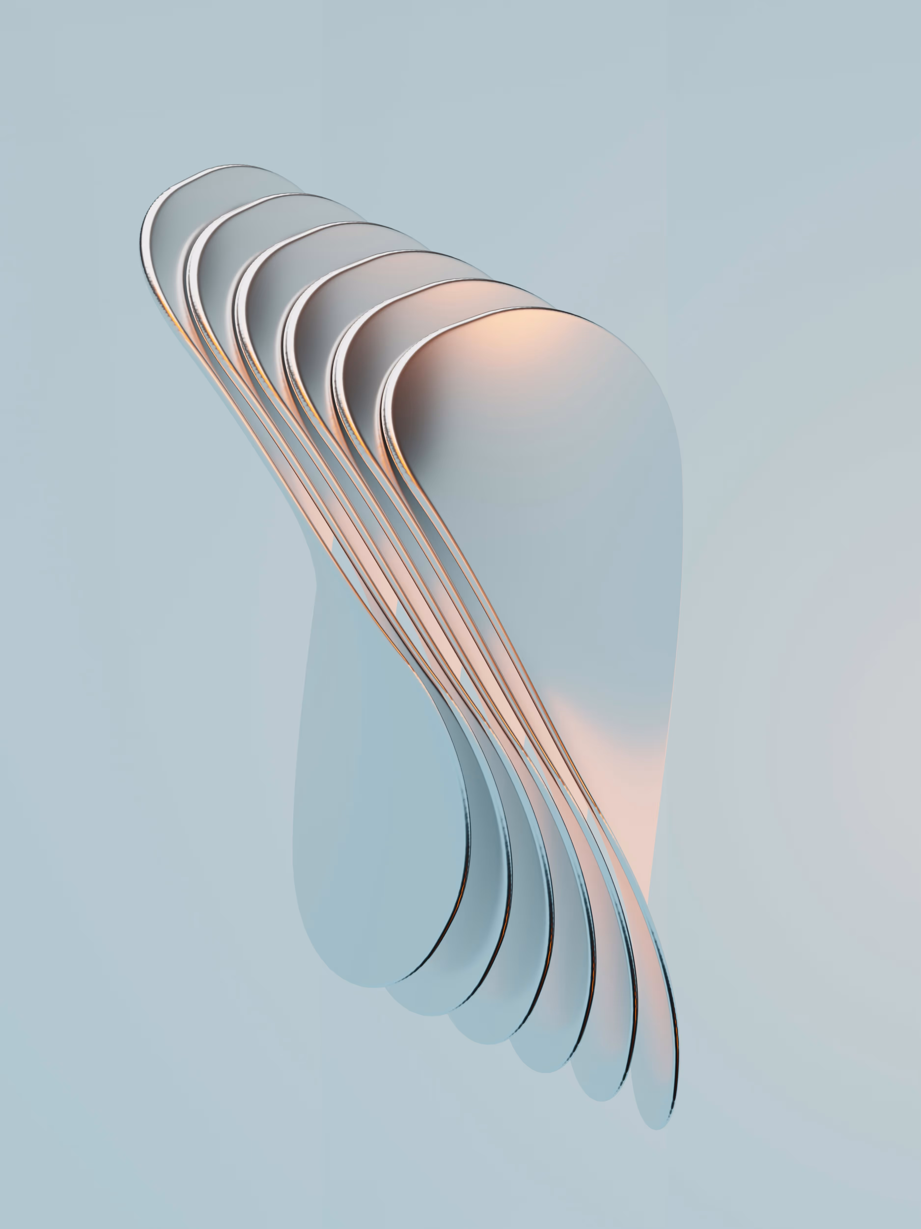 Abstract metallic layered shapes resembling elongated teardrops overlapping on a light blue background.