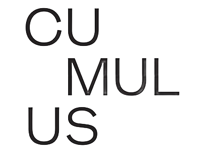 Black text spelling the word CUMULUS arranged in three vertical columns on white background.