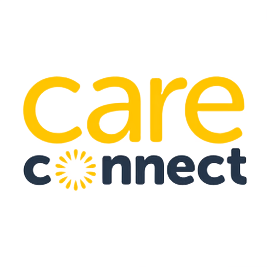 Care Connect logo with 'care' in yellow and 'connect' in dark blue with a sunburst around the letter c.