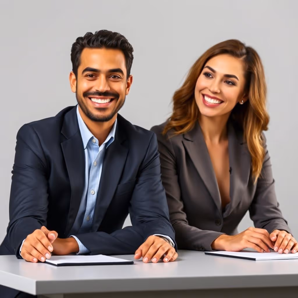 Smiling man and woman in business suits sitting at a desk with notebooks, looking ahead.