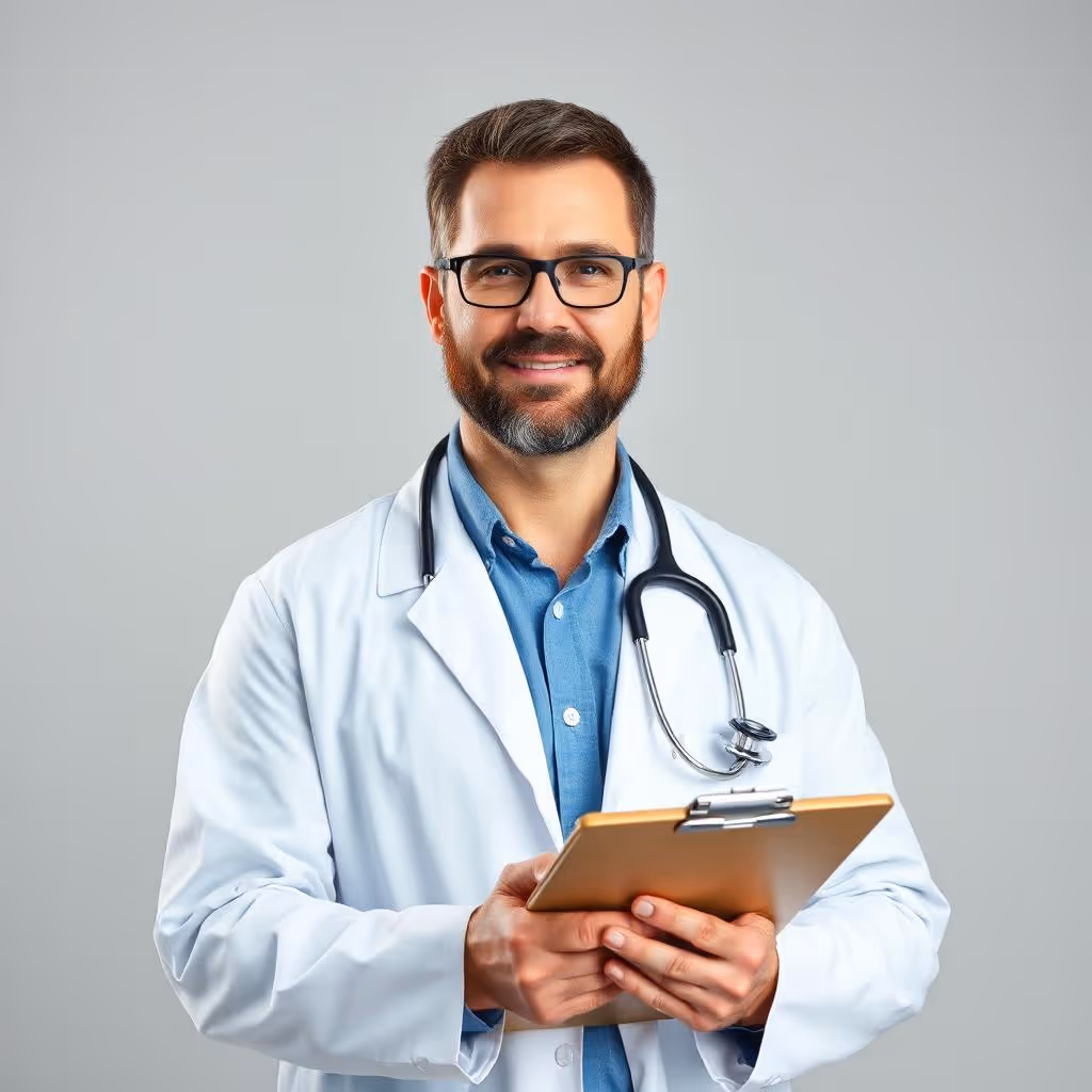 Smiling male doctor wearing glasses and a white coat with stethoscope holding a clipboard.